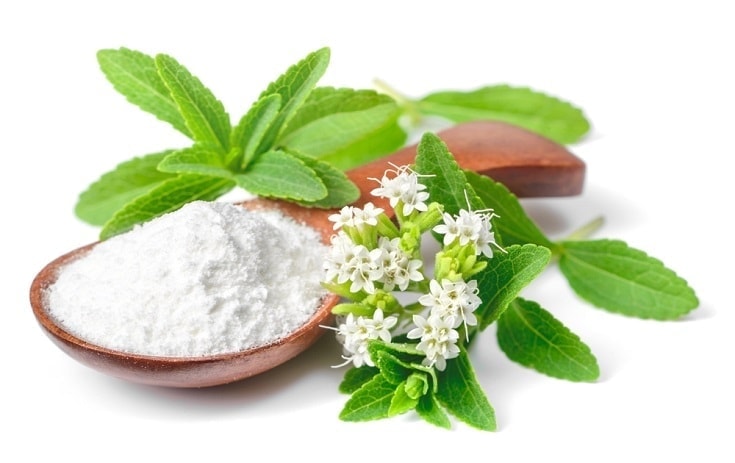 stevia sugar powder and leaves