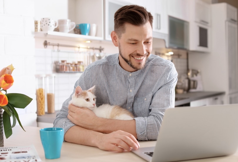 man​ with ⁣cat and laptop